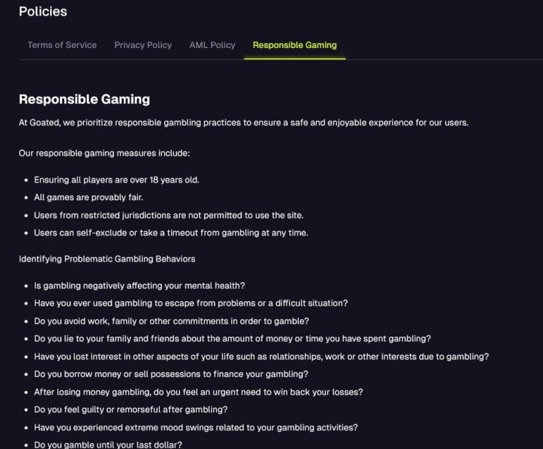 Goated Casino jeu responsable