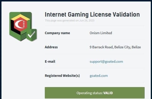 Goated Casino licence